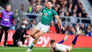 <p> Ireland’s Hugo Keenan on the charge against England in the Six Nations match at Twickenham. Picture: Inpho/Billy Stickland</p>