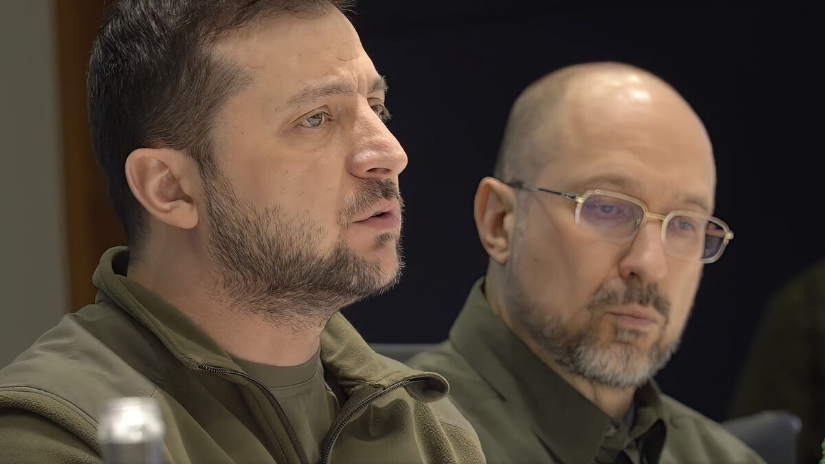 Ukrainian President Volodymyr Zelenskyy and Ukrainian Prime Minister Denys Shmyhal during talks with the prime ministers of Poland, Slovenia and the Czech Republic this morning. Picture: Ukrainian Presidential Press Office via AP