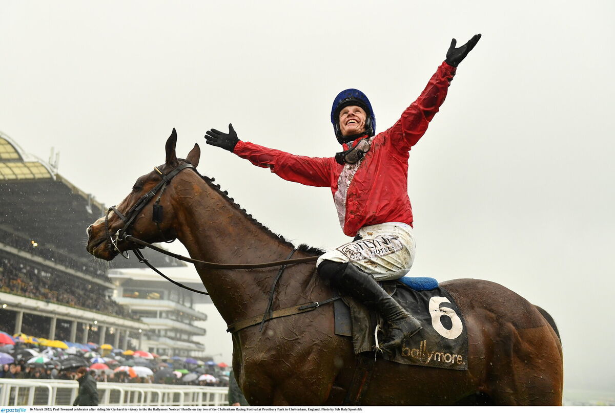 Paul Townend celebrates after riding Sir Gerhard to victory in the the Ballymore Novices' Hurdle on day two of the Cheltenham Racing Festival at Prestbury Park in Cheltenham, England. Photo by Seb Daly/Sportsfile