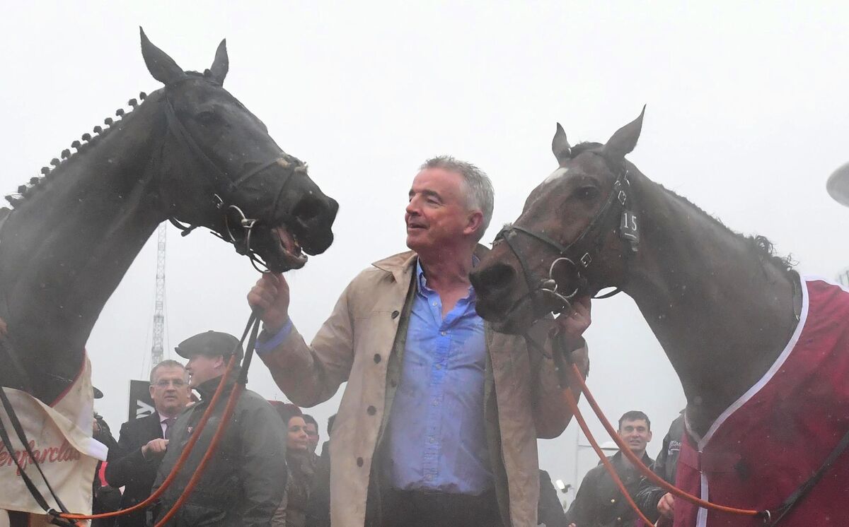 Owner Michael O'Leary salutes Delta Work (right) and Tiger Roll after the Glenfarclas Cross Country Race at Cheltenham. Photo: Healy Racing