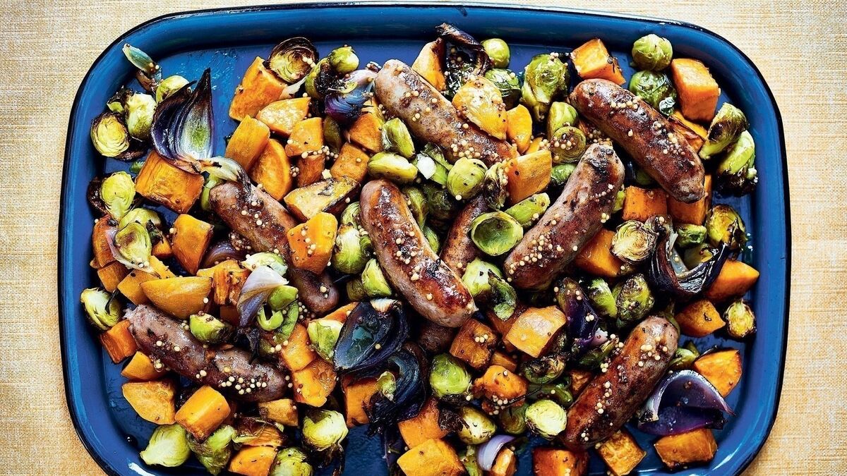 Sausage, sweet potato and mustard tray bake