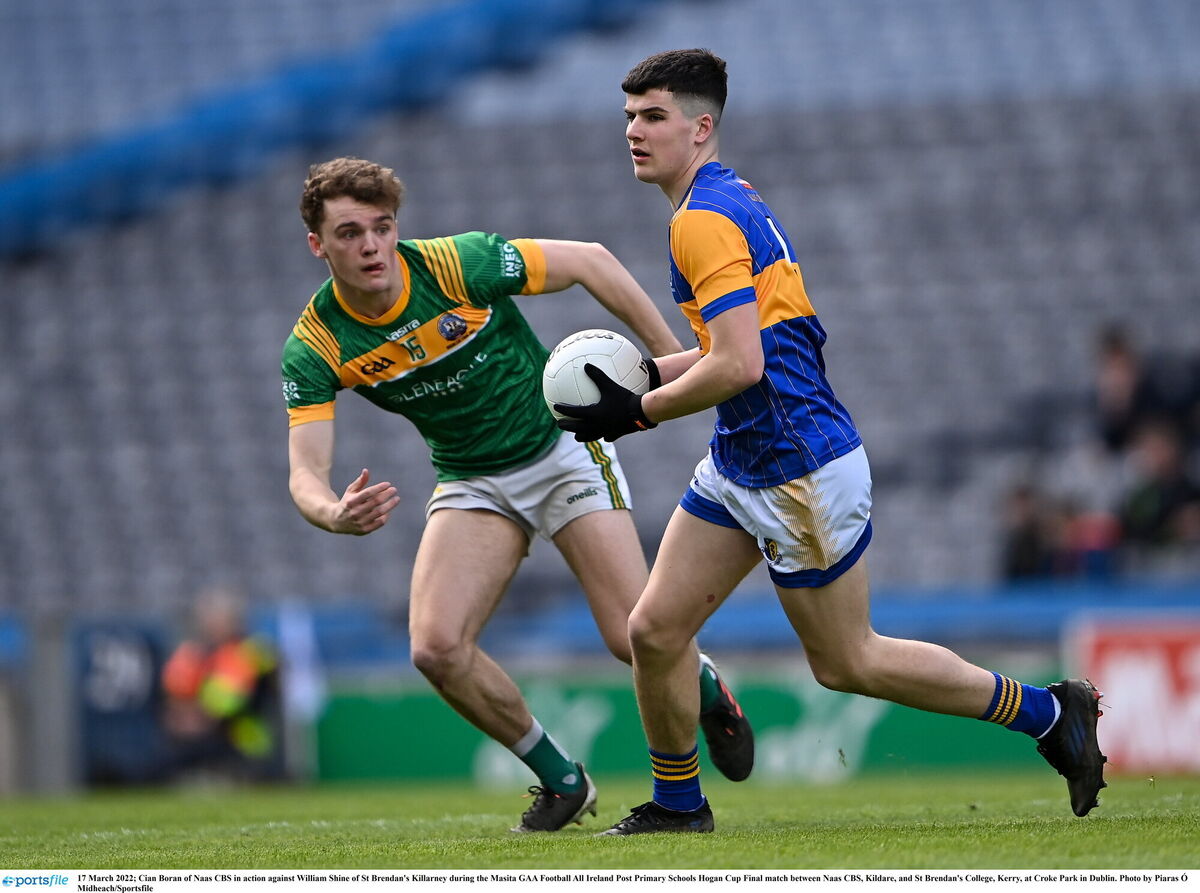 Cian Boran of Naas CBS in action against William Shine of St Brendan's Killarney during the Masita GAA Football All Ireland Post Primary Schools Hogan Cup Final match between Naas CBS, Kildare, and St Brendan's College, Kerry, at Croke Park in Dublin. Photo by Piaras Ó Mídheach/Sportsfile
