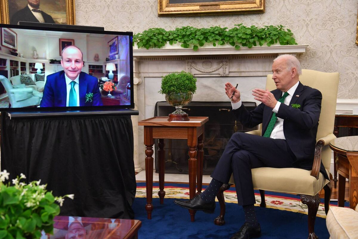 US President Joe Biden meets virtually with Taoiseach Micheál Martin in the Oval Office of the White House in Washington, DC. -  (Photo by Nicholas Kamm / AFP) (Photo by NICHOLAS KAMM/AFP via Getty Images)