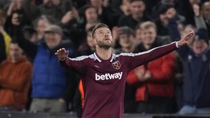 <p>West Ham's Ukrainian international Andriy Yarmolenko celebrates after he scored his side's crucial second goal in the Europa League round of 16 second leg against Sevilla at the London Stadium. Picture: AP Photo/Matt Dunham</p>