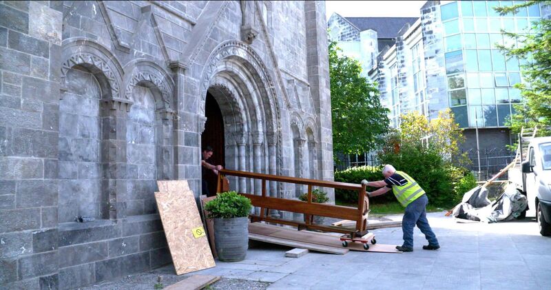 Workers bring in the newly restored pews to the Honan Chapel. Photo: Stephen Bean/UCC Workers bring in the newly restored pews to the Honan Chapel. Photo: Stephen Bean/UCC