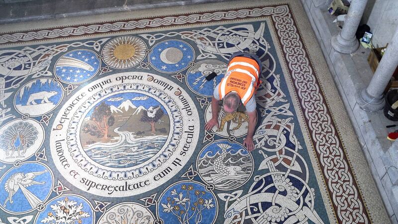A craft worker restoring the Honan Chapel’s “River of Life” mosaic floor. Photo: Stephen Bean/UCC A craft worker restoring the Honan Chapel’s “River of Life” mosaic floor. Photo: Stephen Bean/UCC