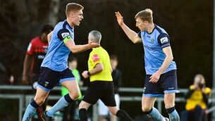 <p>On the spot: Sam Todd of UCD, right, celebrates with teammate Jack Keaney after grabbing his side's equaliser against Bohemians at UCD Bowl. Pic: Brendan Moran/Sportsfile</p>