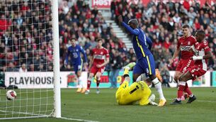 <p>OPENER: Chelsea's Romelu Lukaku scores his side's first goal at the Riverside Stadium.</p>