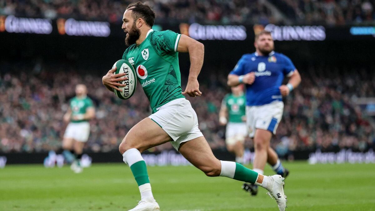 Ireland’s Jamison Gibson-Park runs in to score a try in the win over Italy. 