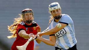 <p>Littlewoods Ireland Camogie League Division 1, Croke Park, Dublin 20/3/2022 Down’s Anna Rogan and Roisin Baker of Dublin Mandatory Credit ©INPHO/James Crombie</p>