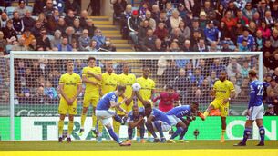 <p>James Maddison, centre left, scores Leicester’s second goal (Nigel French/PA)</p>