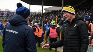 <p>20 March 2022; Kilkenny manager Brian Cody and Waterford manager Liam Cahill after the Allianz Hurling League Division 1 Group B match between Kilkenny and Waterford at UMPC Nowlan Park in Kilkenny. Photo by Ray McManus/Sportsfile</p>