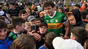 <p>20 March 2022; David Clifford of Kerry with supporters after the Allianz Football League Division 1 match between Armagh and Kerry at the Athletic Grounds in Armagh. Photo by Ramsey Cardy/Sportsfile</p>