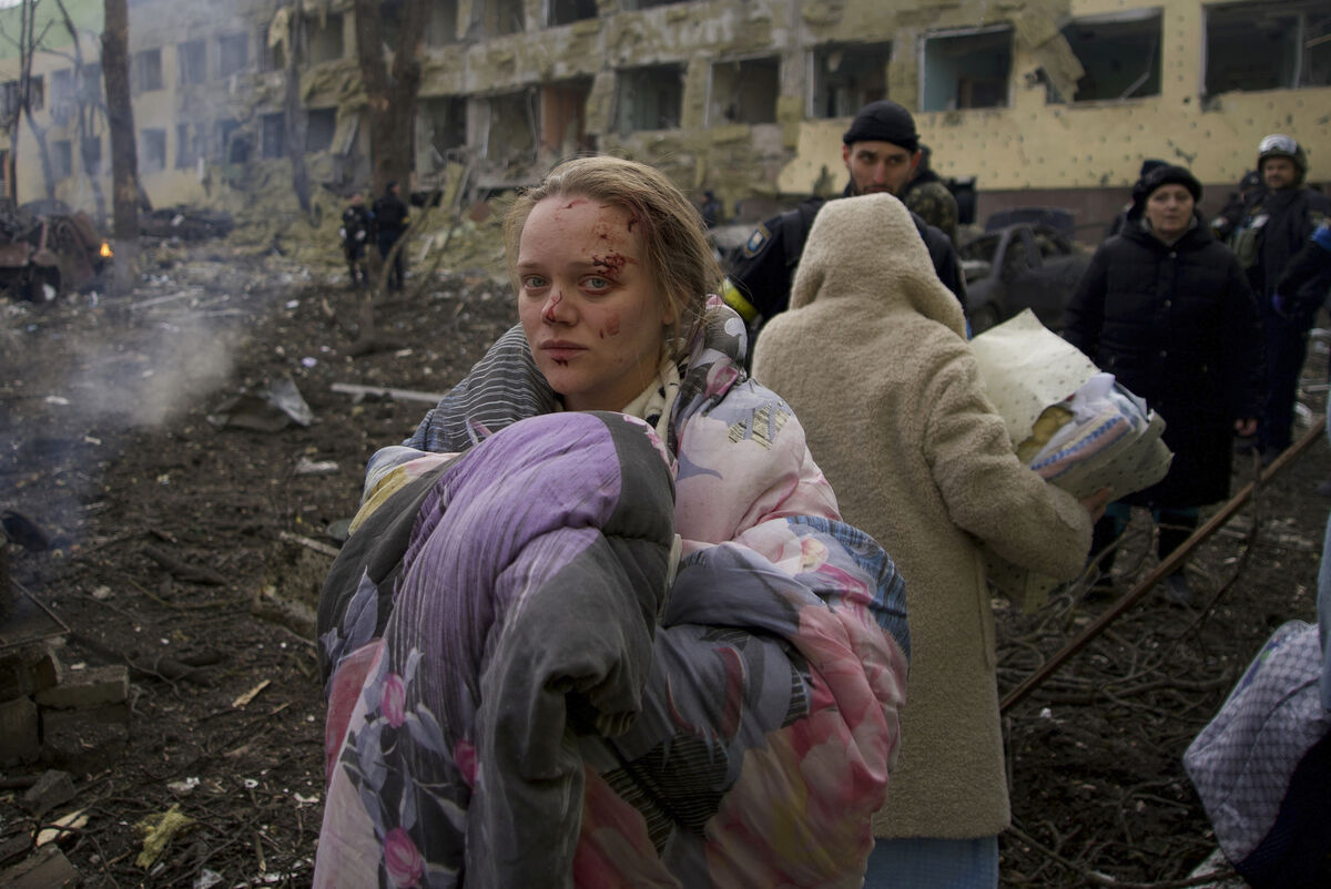 Mariana Vishegirskaya stands outside a maternity hospital that was damaged by shelling in Mariupol, Ukraine, March 9, 2022. Picture: AP Photo/Mstyslav Chernov, File