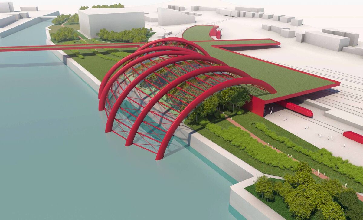 Arup's Kent Station becomes a multimodal transport hub with high-speed rail, railway water-based harbour transport, trackless trams, bicycle infrastructure and access for vertical take-off and landing (VTOL) vehicles. 