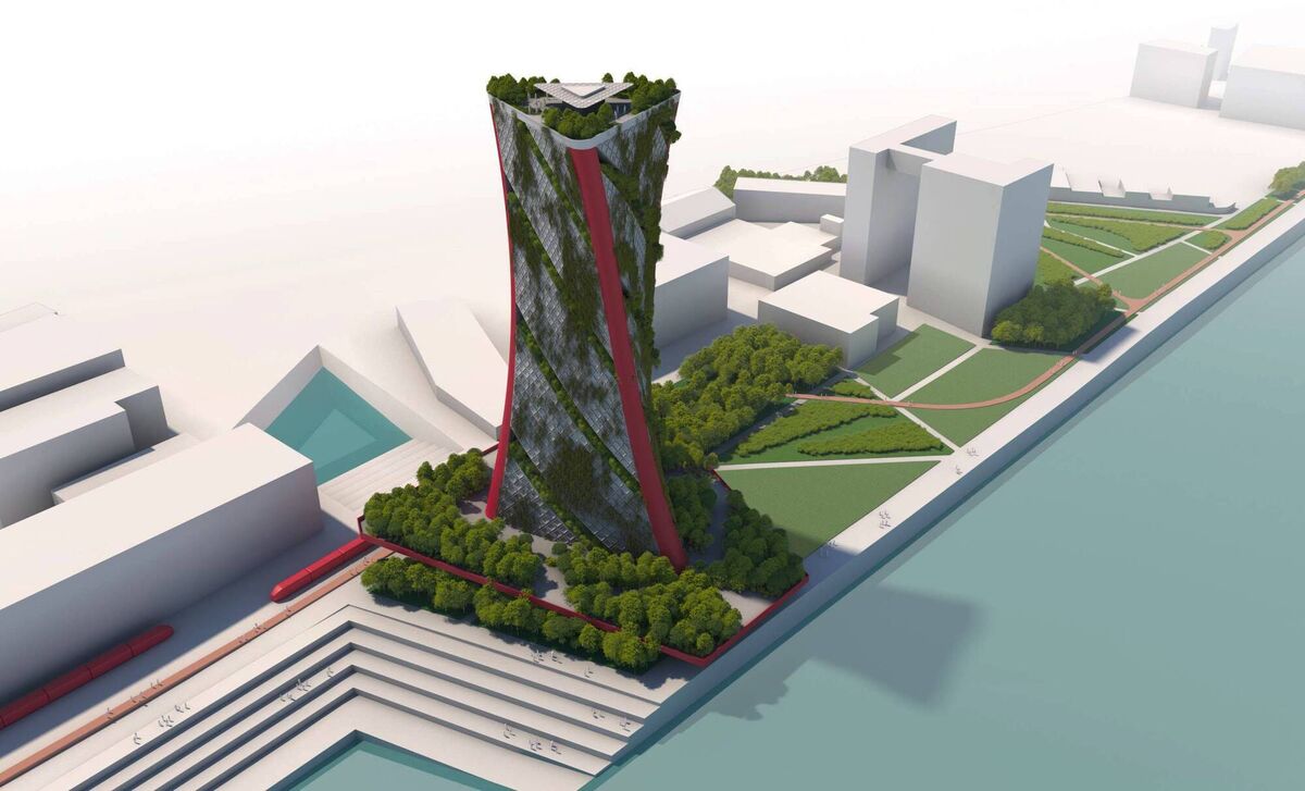 The docklands, enveloped in green foliage on the upper levels with permeable gardens by the river concealing flood water storage. 