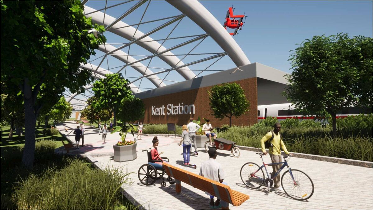 The Kent hub would be the beating heart of the city’s transport network, with swift direct access to the airport. An indoor-outdoor glass biome connects three levels from the roof market from the railway to the water.