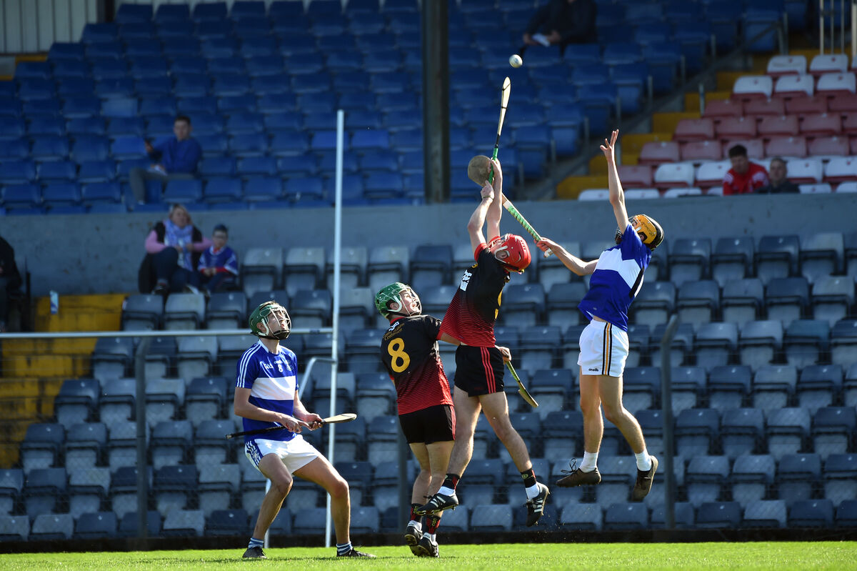 Air patrol: Rhys Dunne and Peter Linehan, CBC fighting for the ball with Lúcaás Ó Síocháin and Cian ÓhÓgáin, Gaelcholáiste Mhuire in the Dr. O'Callaghan Cup final at Páirc Uí Rinn. Pic: Dan Linehan Air patrol: Rhys Dunne and Peter Linehan, CBC fighting for the ball with Lúcaás Ó Síocháin and Cian ÓhÓgáin, Gaelcholáiste Mhuire in the Dr. O'Callaghan Cup final at Páirc Uí Rinn. Pic: Dan Linehan