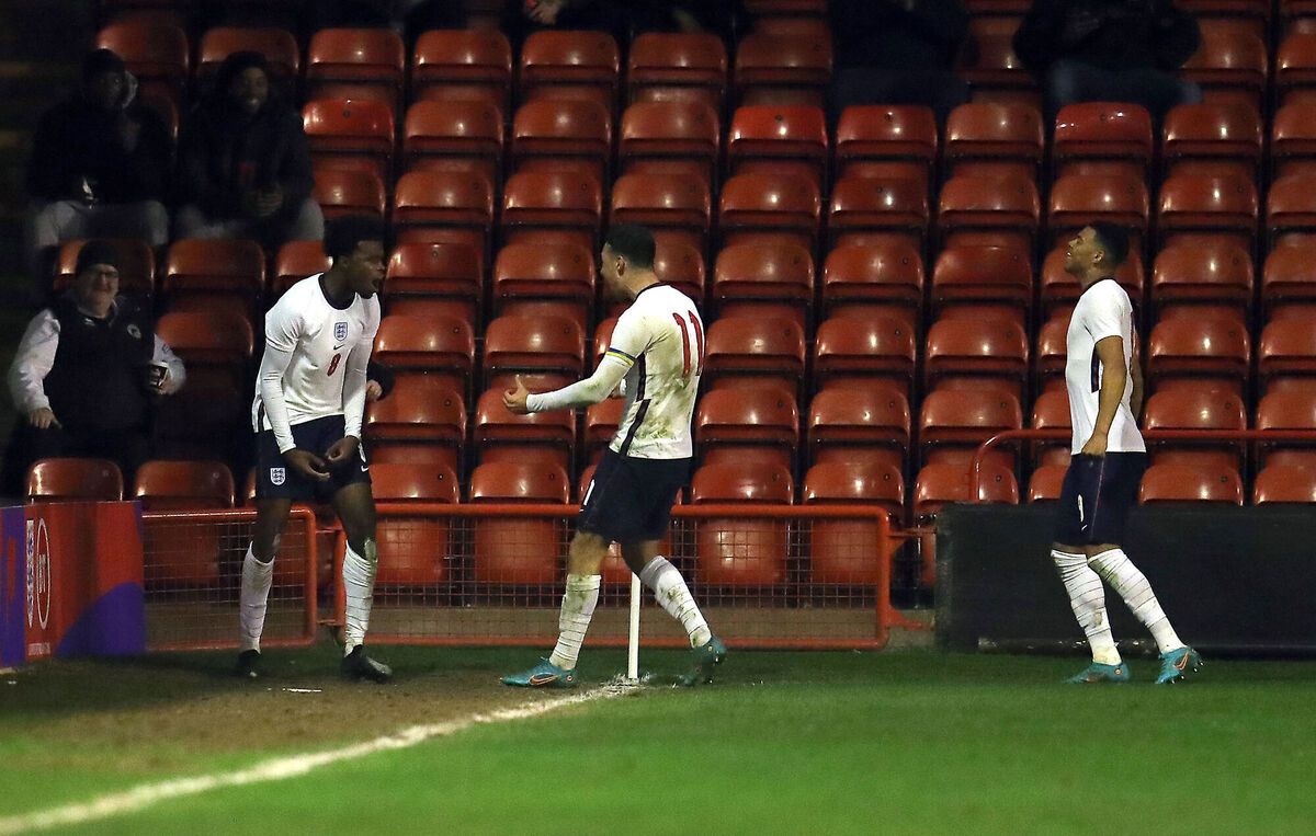 Double up: England's Carney Chuckwuemeka (left) grabbed two goals either side of half-time to see off Ireland U19. Pic: Simon Marper/PA Wire.