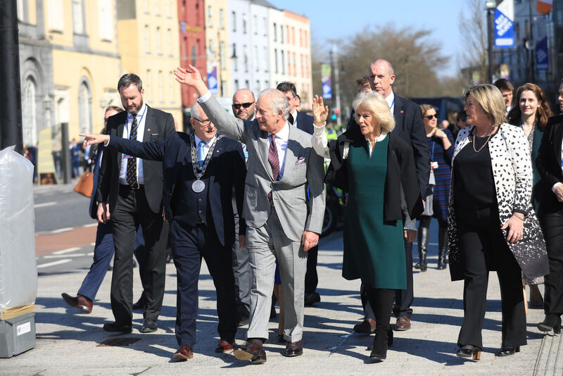 Pictured (L-R) are Joe Kelly, Mayor of Waterford City and County Council, Charles, Camilla and Mary Butler TD, Minister of State at the Department of Health during their visit to Waterford. Picture: Julien Behal Photography/PA Wire