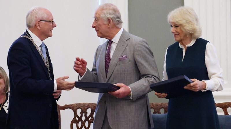 Mayor of Waterford City and County Joe Kelly welcoming Prince Charles and Camilla, the Duchess of Cornwall, at the Waterford Treasures Medieval Museum during their visit to Waterford. Picture: Julien Behal/PA Mayor of Waterford City and County Joe Kelly welcoming Prince Charles and Camilla, the Duchess of Cornwall, at the Waterford Treasures Medieval Museum during their visit to Waterford. Picture: Julien Behal/PA