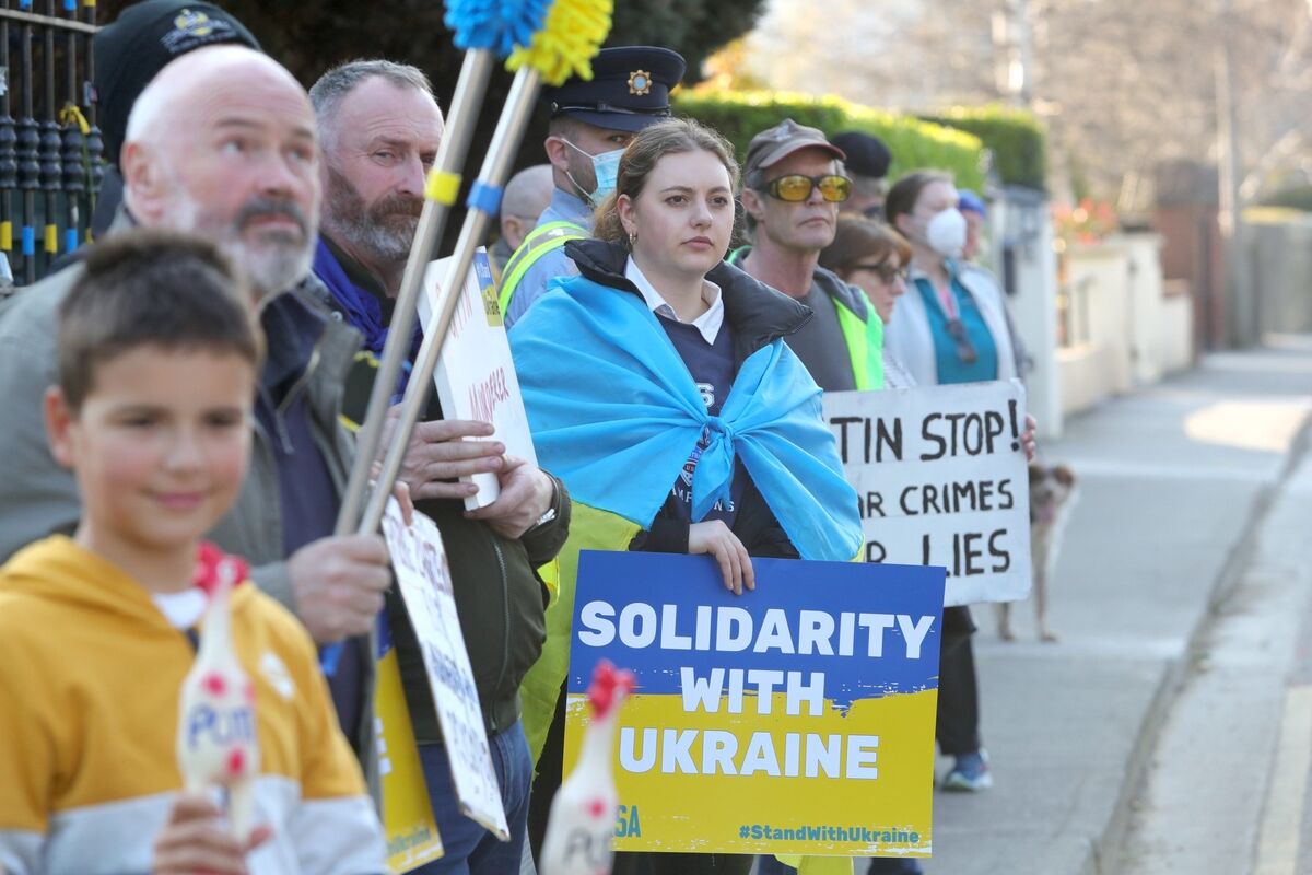 People protest in support of Ukrainians outside the Russian Embassy in Dublin. Picture: Colin Keegan / Collins Photos People protest in support of Ukrainians outside the Russian Embassy in Dublin. Picture: Colin Keegan / Collins Photos