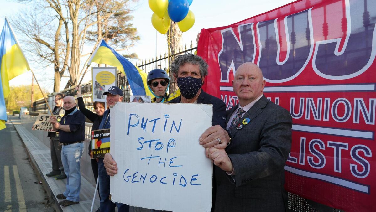 Charlie Bird and Seamus Dooley of NUJ protest outside the Russian Embassy in Dublin. Picture: Colin Keegan / Collins Photos Charlie Bird and Seamus Dooley of NUJ protest outside the Russian Embassy in Dublin. Picture: Colin Keegan / Collins Photos