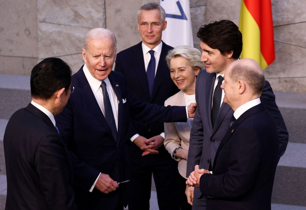 Japan's prime minister Fumio Kishida, US President Joe Biden, NATO secretary general Jens Stoltenberg, European Commission president Ursula von der Leyen, Canada's prime pinister Justin Trudeau and Germany's chancellor Olaf Scholz meet before the summit in Brussels. Picture: Henry Nicholls/PA