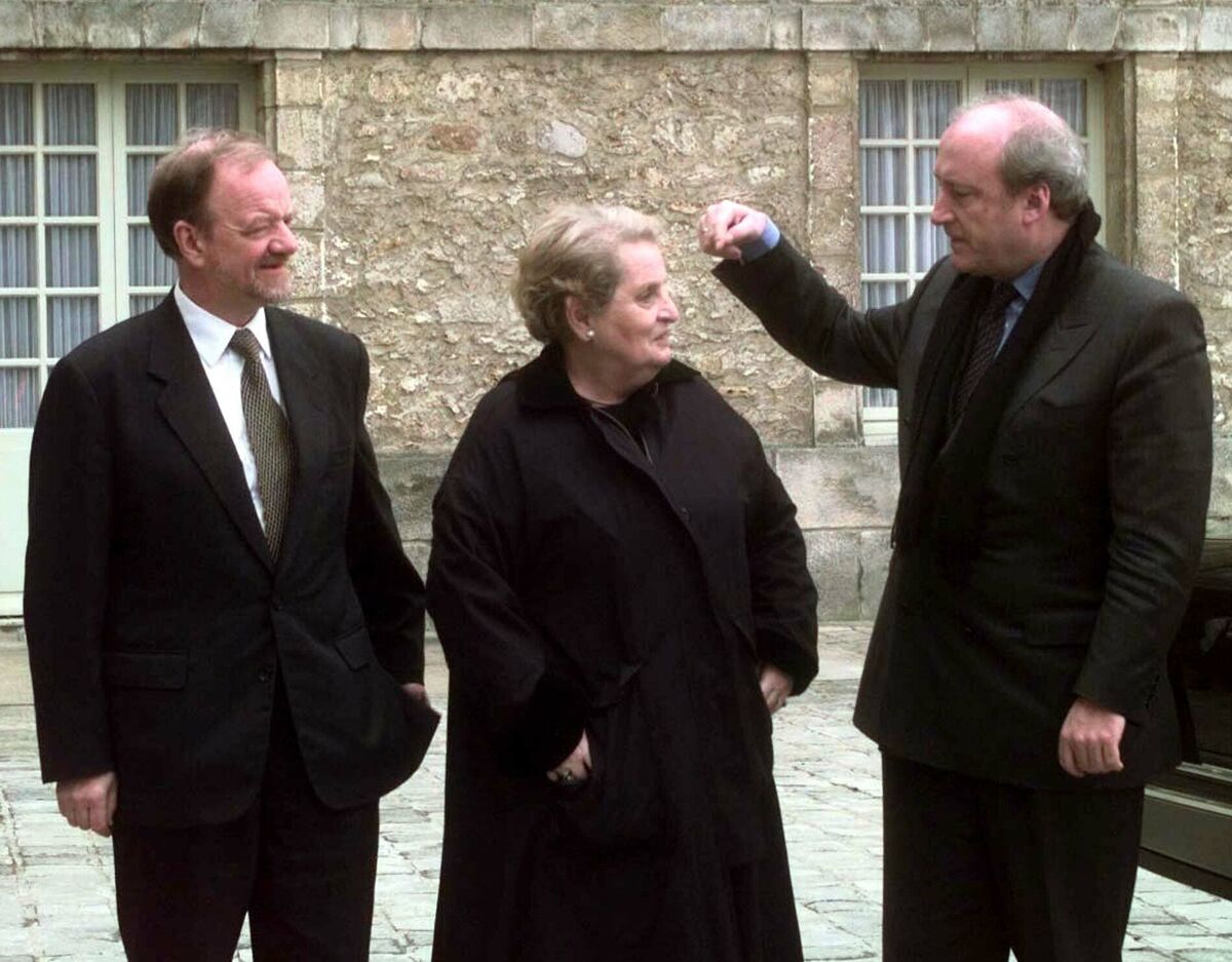 Then US secretary of state Madeleine Albright, with French foreign minister Hubert Vedrine and British foreign minister Robin Cook at Rambouillet Castle near Paris during the Kosovo peace talks in February, 1999. Picture: Remy de la Mauviniere/AP Then US secretary of state Madeleine Albright, with French foreign minister Hubert Vedrine and British foreign minister Robin Cook at Rambouillet Castle near Paris during the Kosovo peace talks in February, 1999. Picture: Remy de la Mauviniere/AP