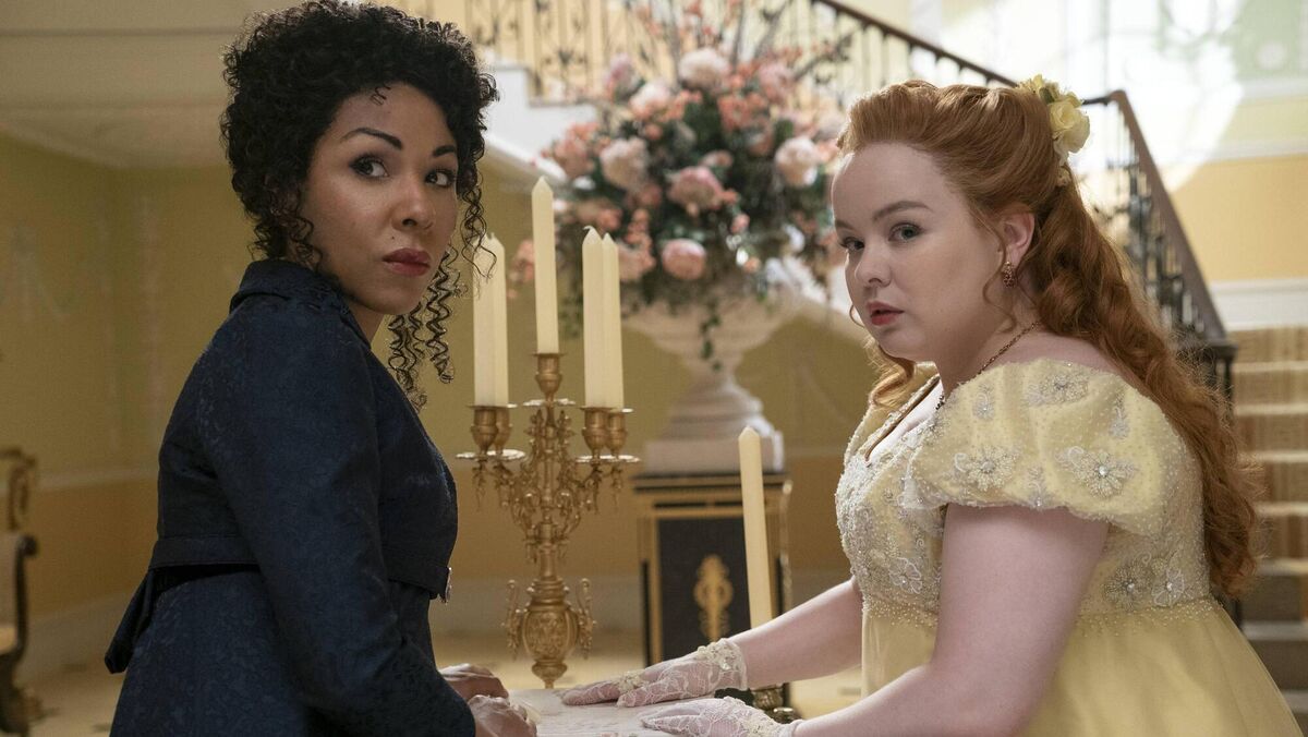 Kathryn Drysdale as Genevieve, and Nicola Coughlan as Penelope Featherington in season two of Bridgerton.