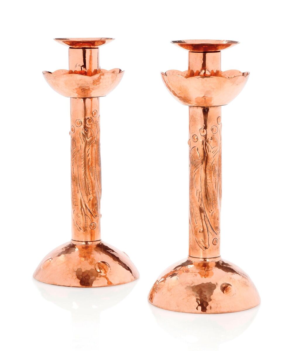  Newlyn copper offers some stunning collectable pieces with superb artisan crafting from the Arts &amp; Crafts era. Candlesticks, identified as Newlyn c.1900, with embossed decoration; Christies Auction House.