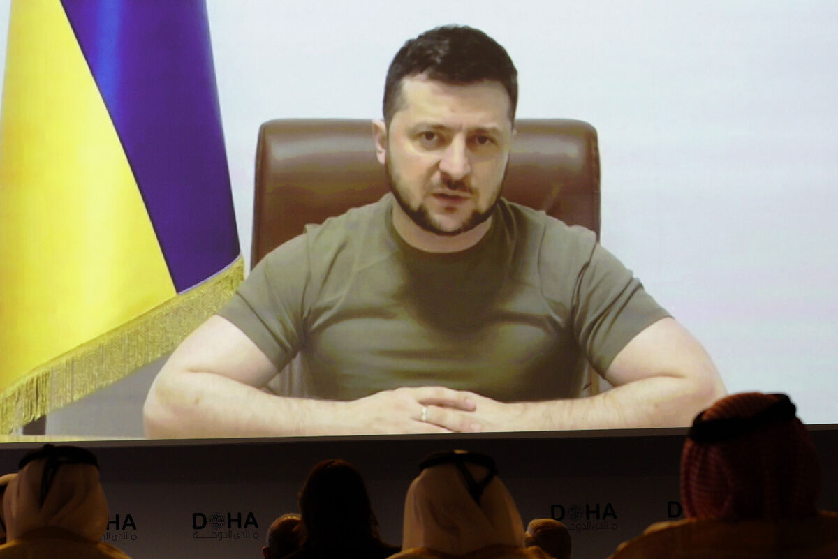 Ukrainian President Volodymyr Zelenskyy speaks via video call to the Doha Forum in Doha, Qatar, Saturday, March 26, 2022. (AP Photo/Lujain Jo) Ukrainian President Volodymyr Zelenskyy speaks via video call to the Doha Forum in Doha, Qatar, Saturday, March 26, 2022. (AP Photo/Lujain Jo)
