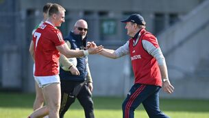 <p>Mattie Taylor is congratulated by Cork selector John Cleary after their victory over Offaly in the Allianz Football League Division 2 tie at O'Connor Park in Tullamore. </p>
