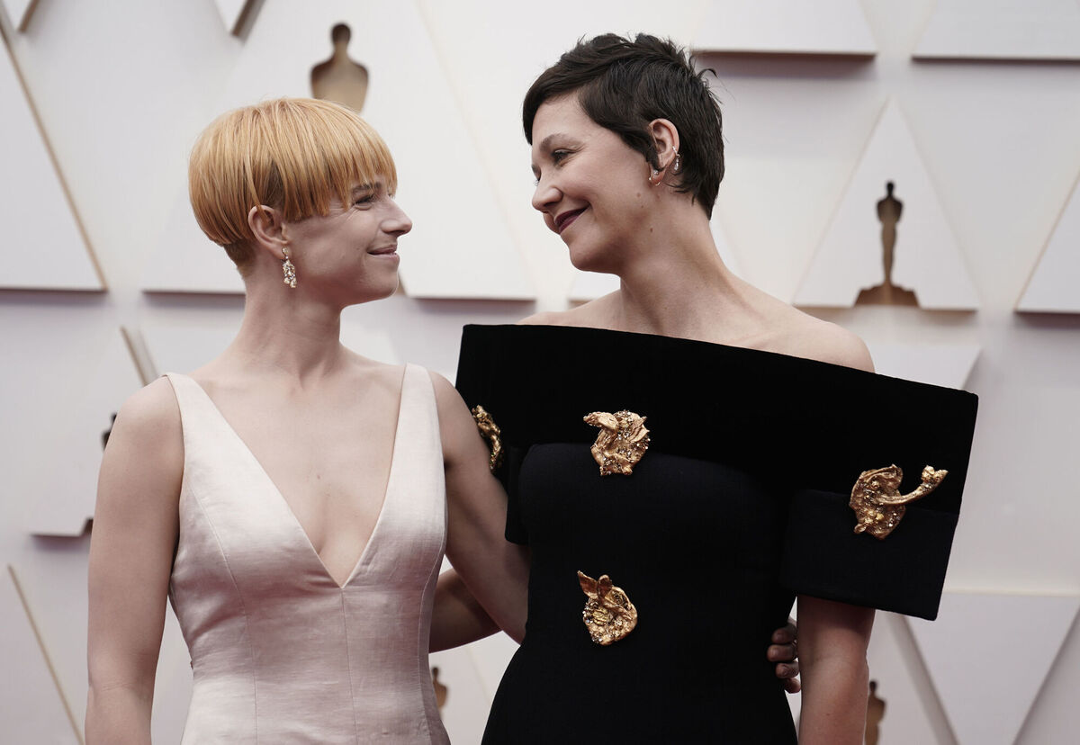 Jessie Buckley, left, and Maggie Gyllenhaal. Picture: AP Photo/Jae C. Hong
