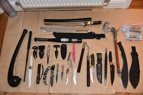 Undated handout photo issued by the UK National Crime Agency (NCA) of weapons discovered during a search of a property in Sutton Road. Picture: NCA/PA Wire.