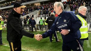 <p>Cork manager Kieran Kingston shakes hands with  Kilkenny manager Brian Cody after Saturday night's Allianz League semi-final at Páirc Uí Chaoimh. Picture: Eddie O'Hare</p>