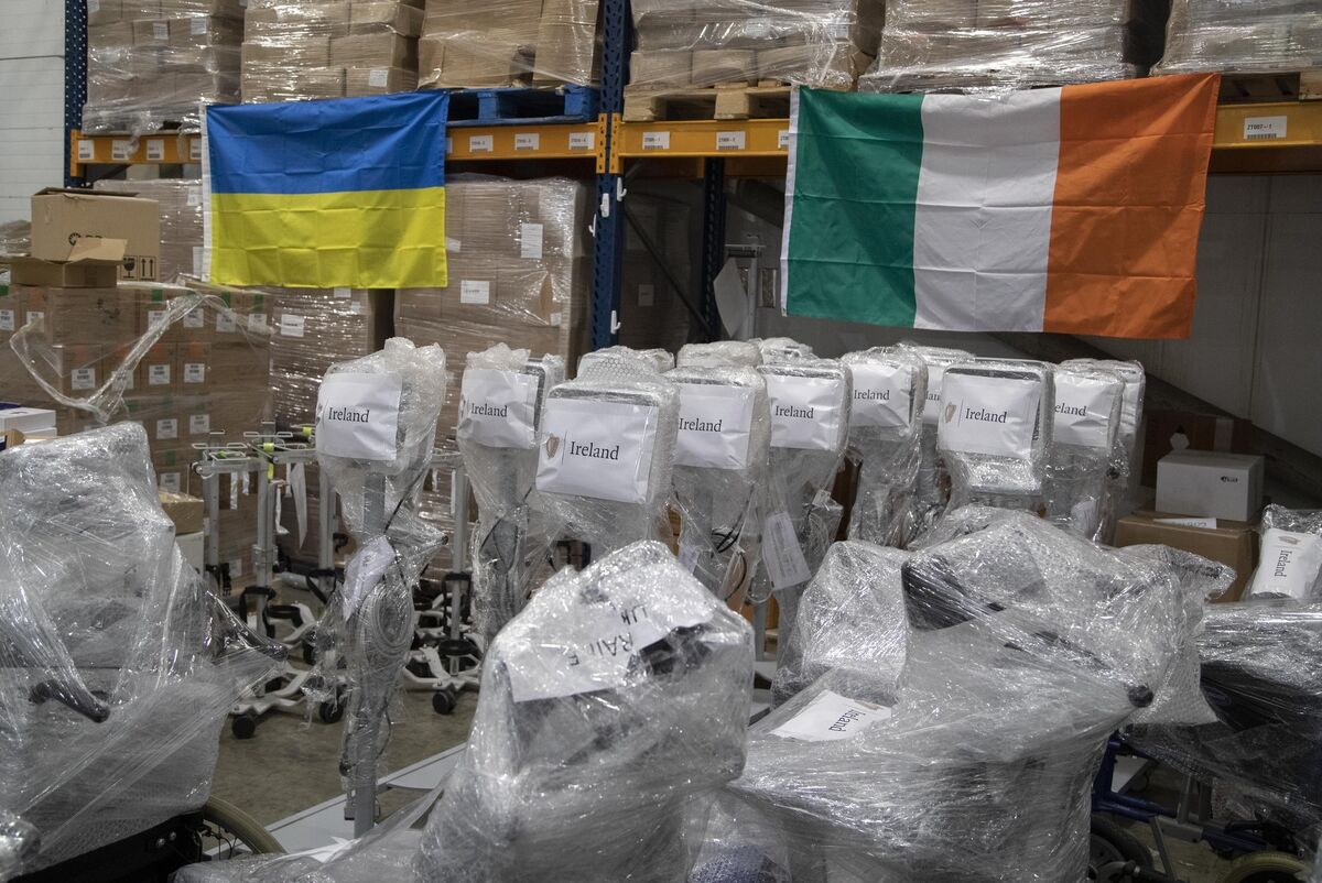 Medical equipment prepared for shipping at the JMC Warehouse in Ballybane, Co Dublin where donations of medical equipment was being wrapped and sent to Ukraine. Picture Colin Keegan/ Collins Dublin
