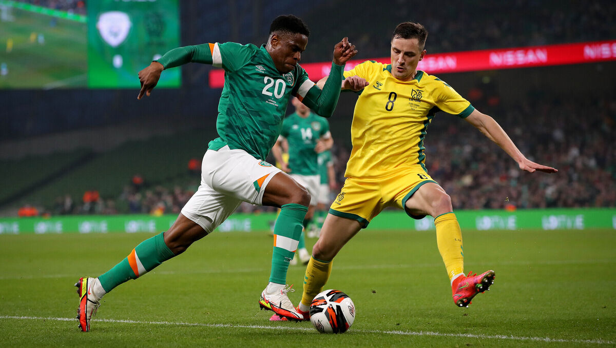 Chiedozie Ogbene tries to get by Egidijus Vaitkunas. Picture: INPHO/Ryan Byrne