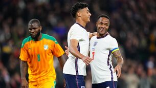 <p>England's Raheem Sterling (right) celebrates with team-mate Ollie Watkins at Wembley Stadium. Picture: Adam Davy/PA Wire.</p>