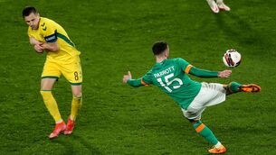 <p>Troy Parrott fires Ireland's winning goal at Aviva Stadium. Picture: Inpho/Evan Treacy</p>