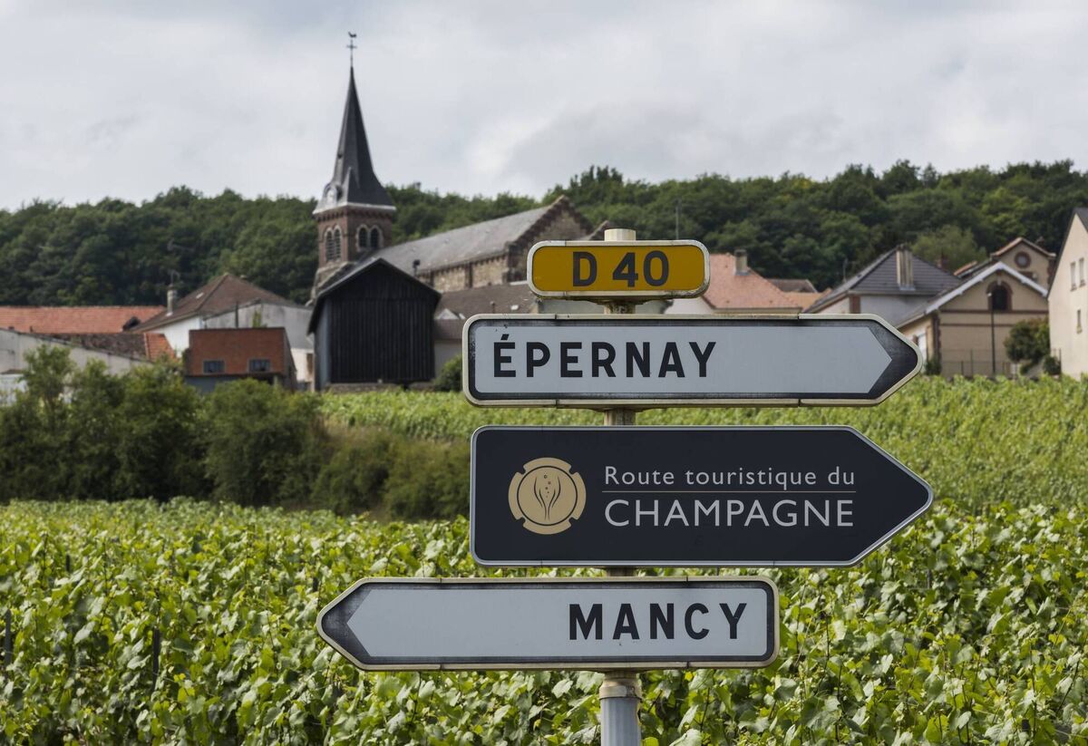 Sign of the Route Touristique du Champagne with in the background vineyards of the Champagne district Vallee de Marne, France.