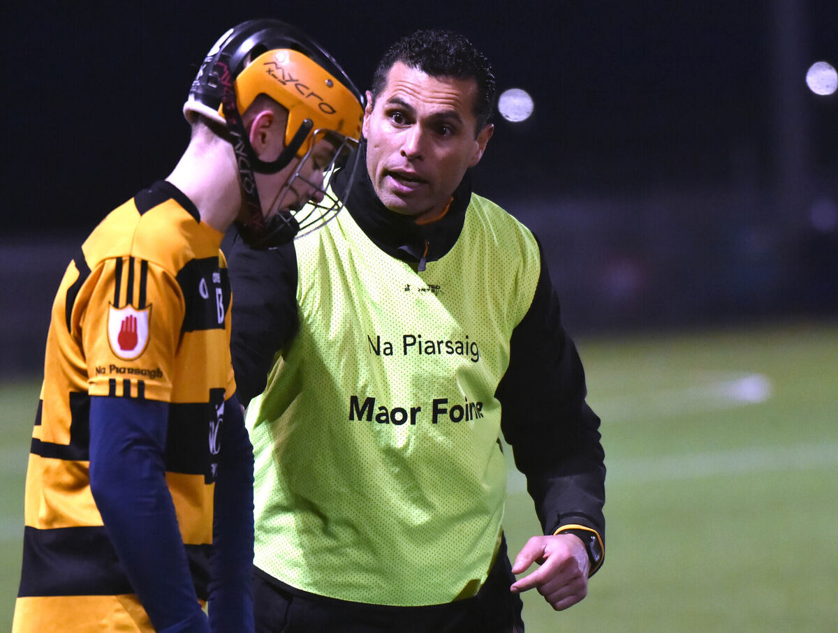 Na Piarsaigh coach Seán Óg Ó hAilpín has a word with Burruch Dwyer-Harrington against Valley Rovers in the 2021 Rebel Og under 16 P1HC final at Bishopstown. 