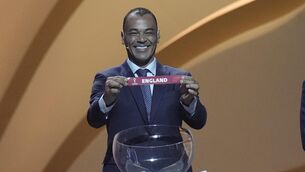 <p>Former Brazilian soccer international Cafu draws England during the 2022 soccer World Cup draw at the Doha Exhibition and Convention Center in Doha, Qatar, Friday, April 1, 2022. (AP Photo/Hassan Ammar)</p>