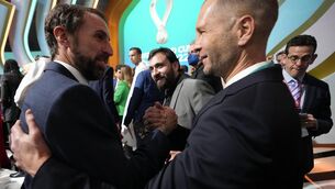 <p>England head coach Gareth Southgate greeting US head coach Gregg Berhalter during the 2022 soccer World Cup draw in Doha, Qatar. Picture: Hassan Ammar/AP</p>