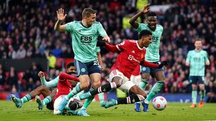 <p>Manchester United's Marcus Rashford (centre right) trips in the penalty area during the Premier League match at Old Trafford, Manchester. Picture: Zac Goodwin/PA Wire </p>