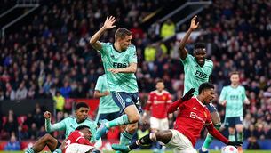 <p>Manchester United's Marcus Rashford (right) trips in the penalty area during the Premier League match at Old Trafford, Manchester. Picture date: Saturday April 2, 2022. PA Photo. See PA story SOCCER Man Utd. Photo credit should read: Zac Goodwin/PA Wire.</p>