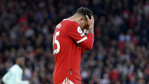 <p>Manchester United's Jadon Sancho reacts after a missed chance to score during the English Premier League soccer match between Manchester United and Leicester City at Old Trafford in Manchester, England, Saturday, April 2, 2022. (AP Photo/Jon Super)</p>
