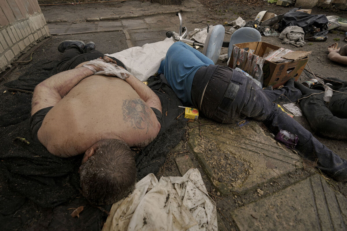 GRAPHIC CONTENT - Lifeless bodies of men, some with their hands tied behind their backs, lie on the ground in Bucha, Ukraine, Sunday, April 3, 2022. Picture: AP Photo/Vadim Ghirda GRAPHIC CONTENT - Lifeless bodies of men, some with their hands tied behind their backs, lie on the ground in Bucha, Ukraine, Sunday, April 3, 2022. Picture: AP Photo/Vadim Ghirda