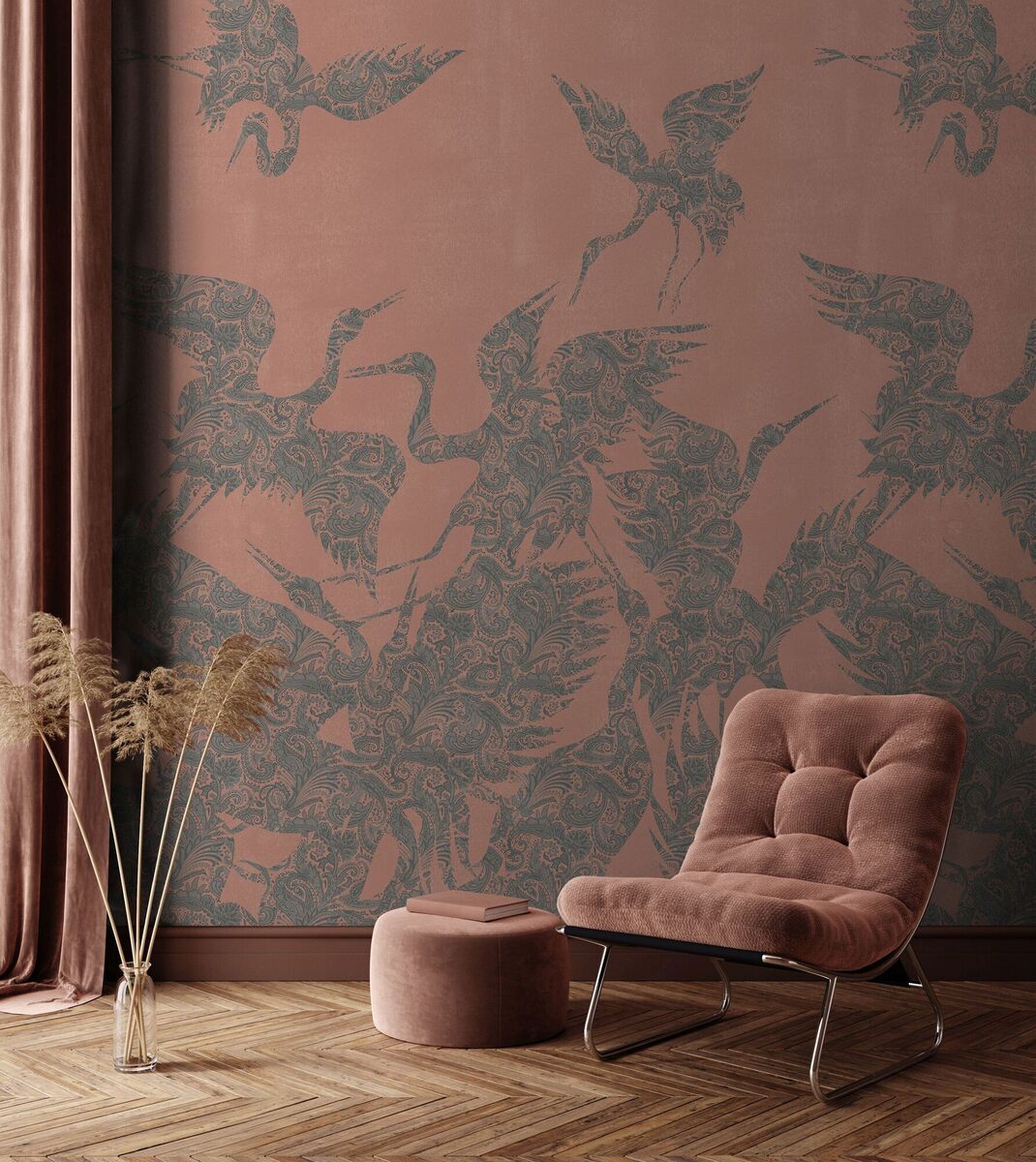  Make a statement on a single wall: The Swoop wallpaper, €148.90 p/roll at www.feathr.com.