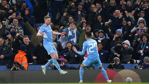 <p>Manchester City's Kevin De Bruyne (left) celebrates scoring their side's goal in the Uefa Champions League quarter-final first leg at the Etihad Stadium. Picture: Tim Goode/PA Wire </p>